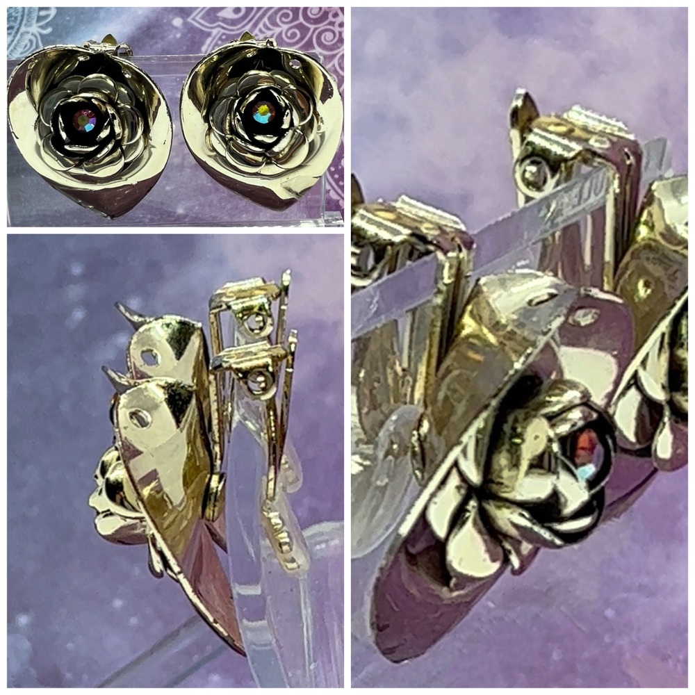 Vintage Silver-tone Floral Clip Earrings w/Red Aurora Borealis Rhinestone’s - Picture 2 of 4